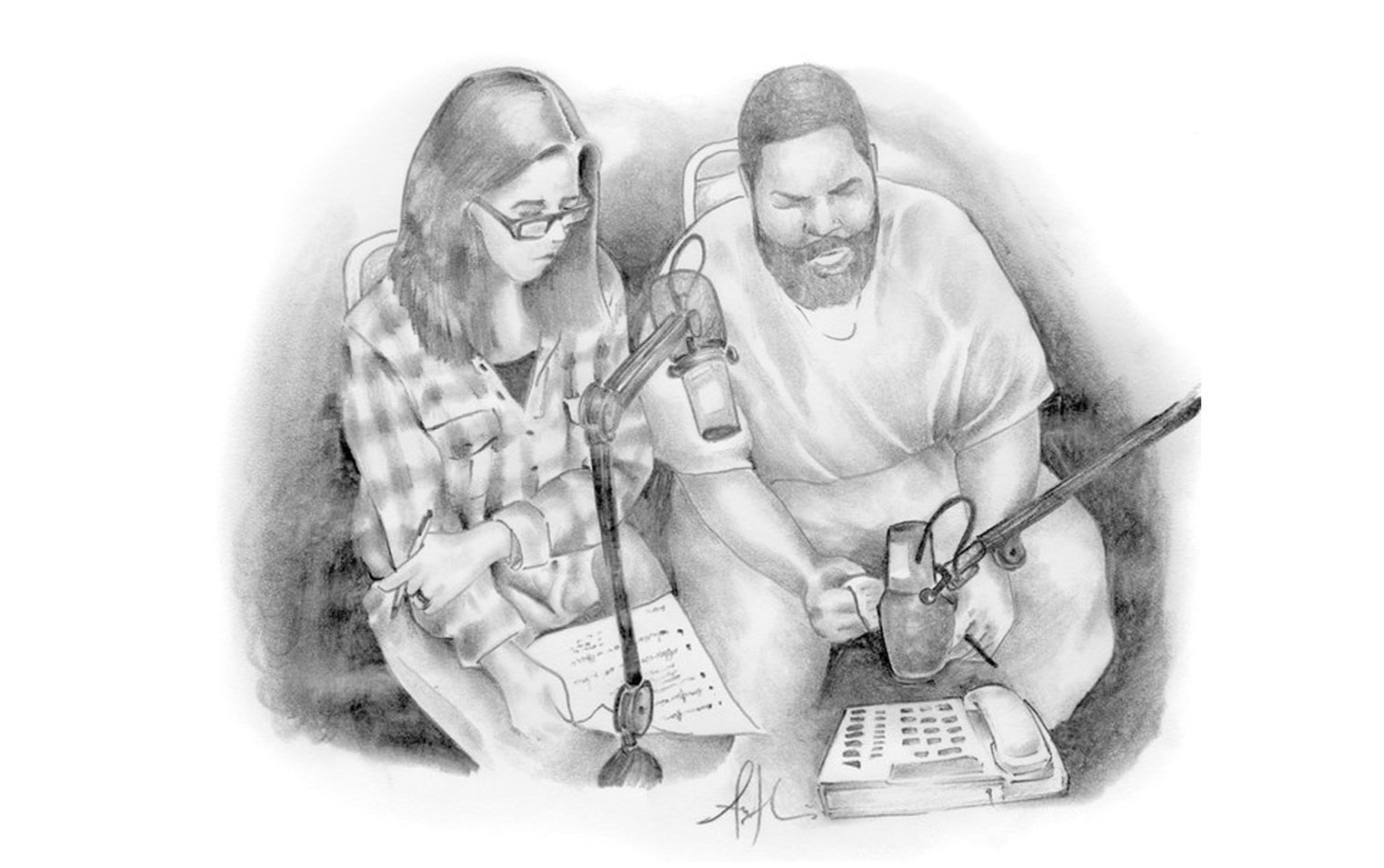  Black-and-white illustration of Ear Hustle podcast hosts Nigel Poor and Earlonne Woods.