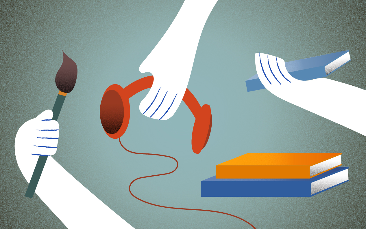 Color illustration of three hands: one holds a paintbrush, another holds headphones, and the third holds a book